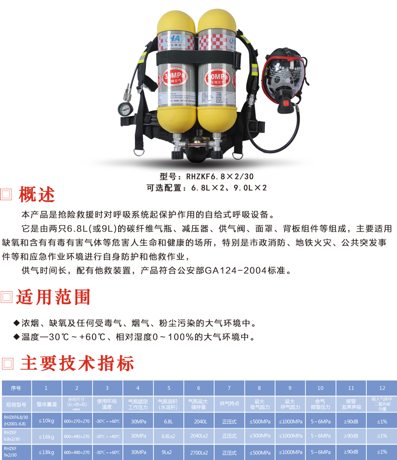  海安特双瓶自给式压缩空气呼吸器 RHZKF6.8*2正压式空气呼吸器